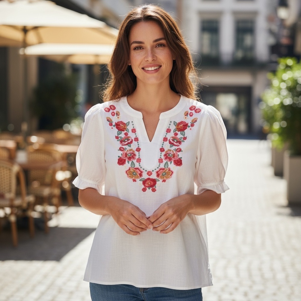 Boutique NEW Boho casual Cottage Core Coquette Girl Embroidered Floral Top M